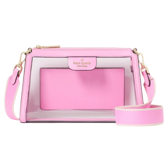 A transparent handbag with pink leather accents and a detachable pink strap, featuring a central pink pouch and gold hardware.