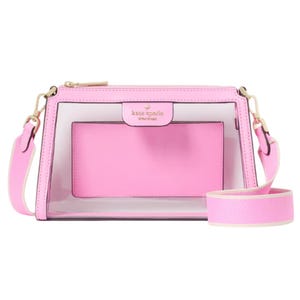 A transparent handbag with pink leather accents and a detachable pink strap, featuring a central pink pouch and gold hardware.