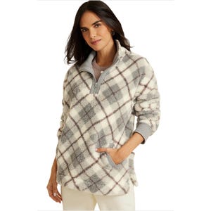 A cozy, plaid-patterned sherpa pullover with a quarter-zip front, featuring a high collar, two side pockets, and ribbed cuffs. The design combines cream, gray, and dark lines for a soft yet stylish look.