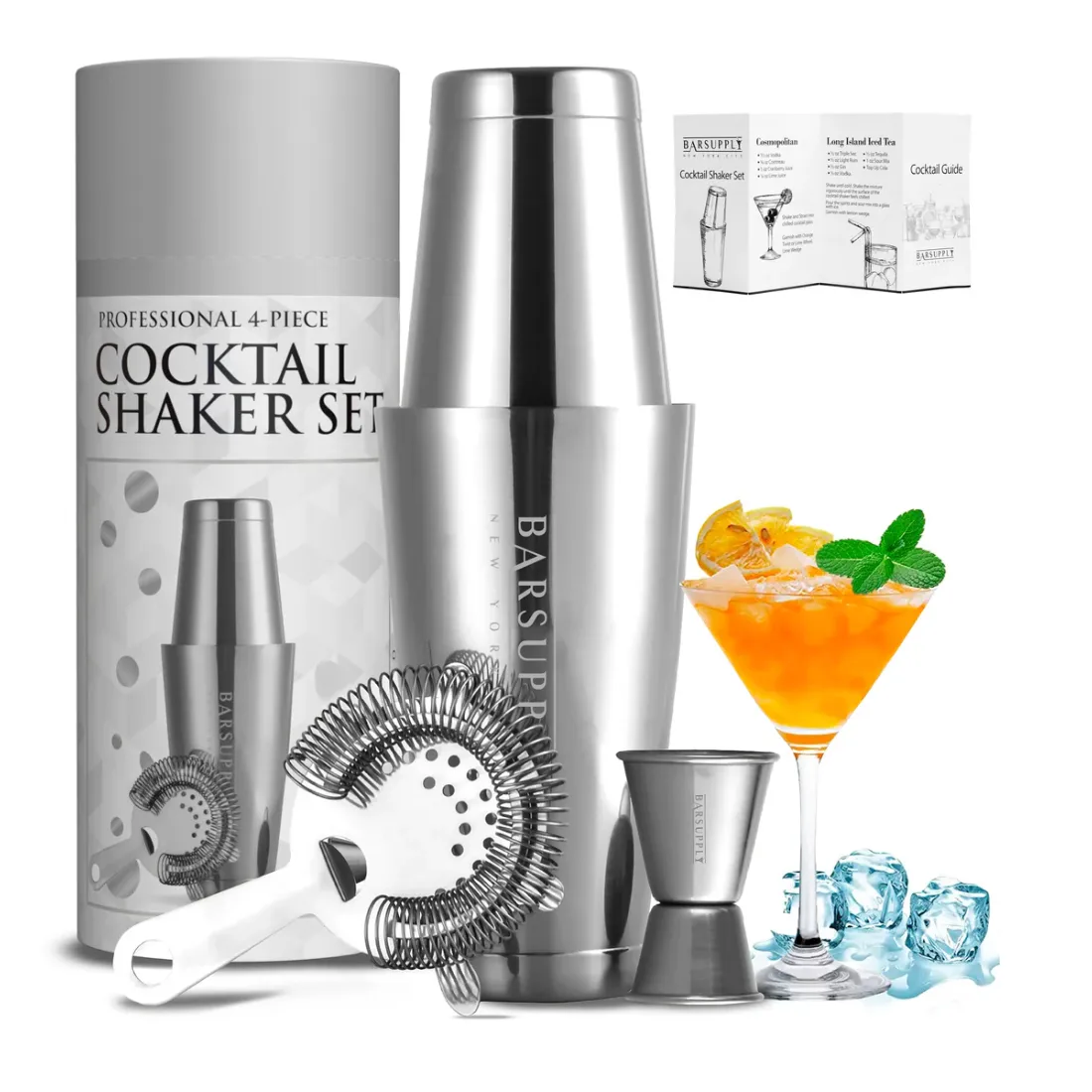A 4-piece cocktail shaker set with a shaker, strainer, jigger, and recipe guide.