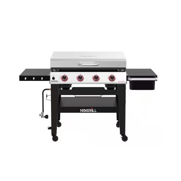 Nexgrill 4-burner propane gas grill with a flat top cooking surface, featuring side shelves for convenience.