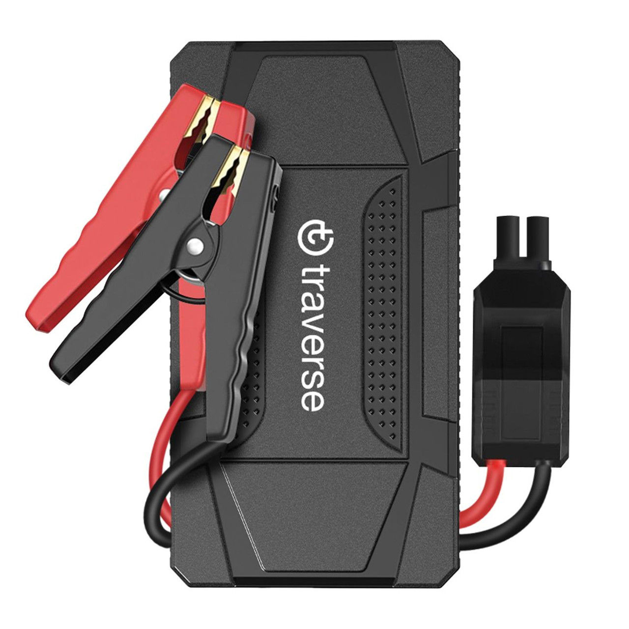 A compact, black jump starter with \“traverse\“ branding, featuring red and black booster clamps and a connector for vehicle battery charging.