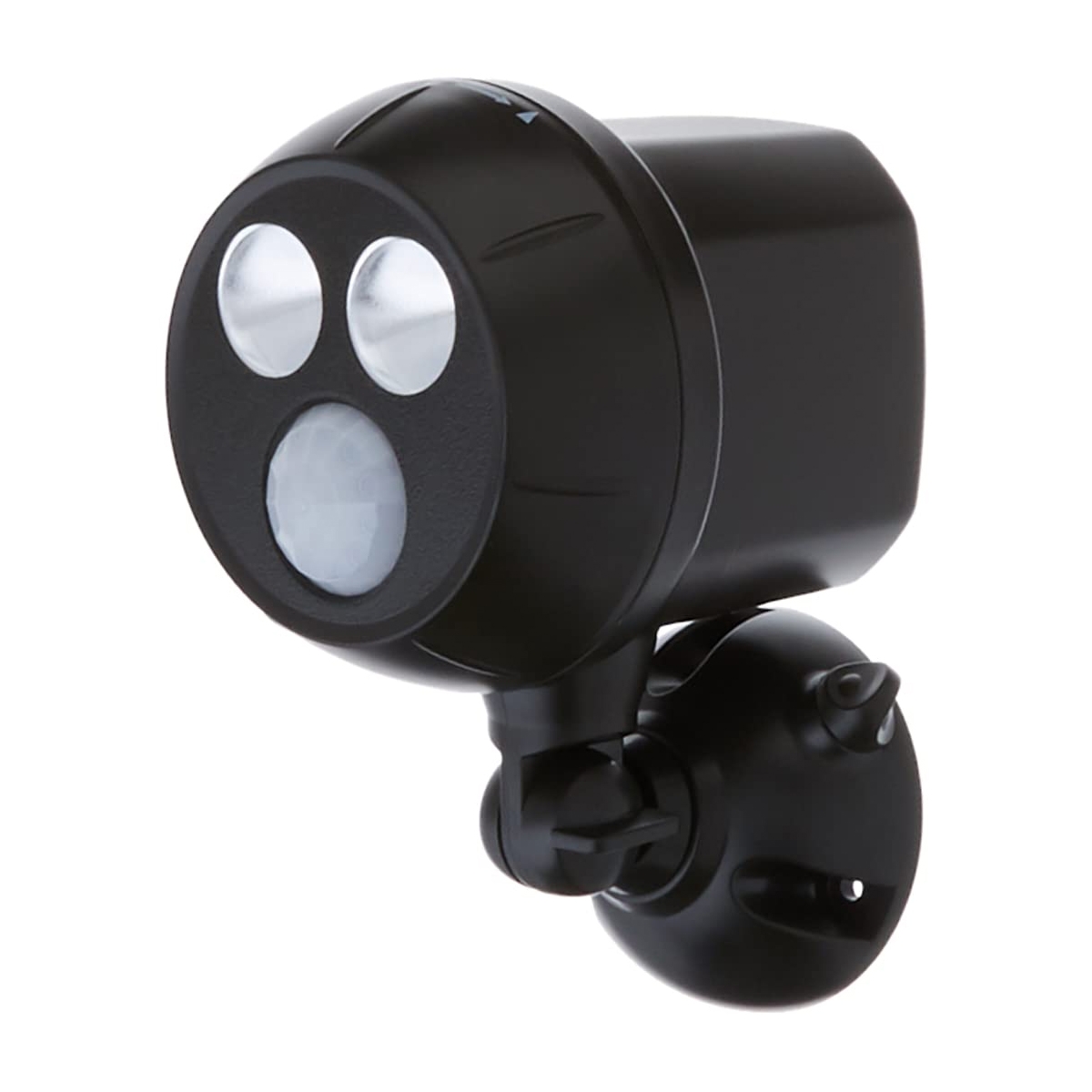 Black motion-sensor security light with dual LED bulbs and an adjustable mounting bracket for outdoor use.