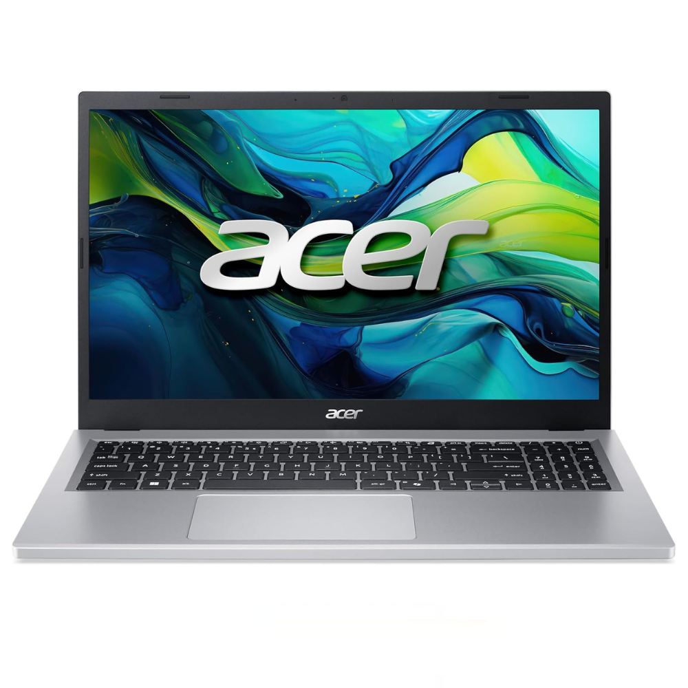 A silver Acer laptop with a black keyboard and a vivid screen displaying blue and green abstract art, with the Acer logo prominently featured.