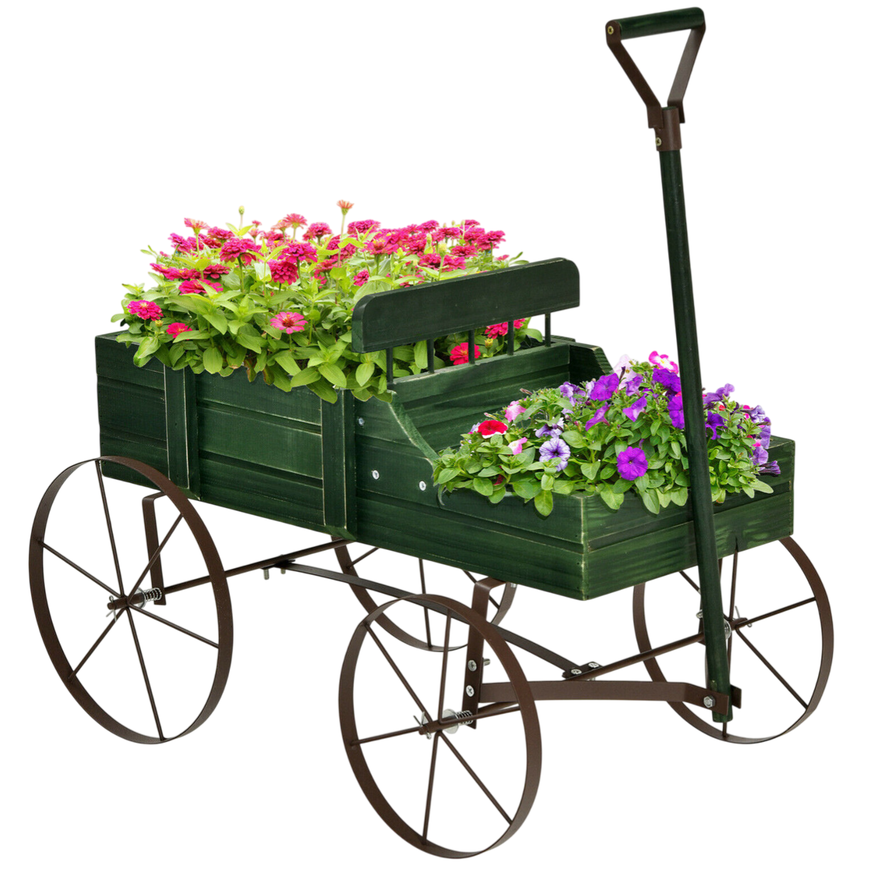 A green wooden garden planter cart with four metal wheels, filled with pink and purple flowers. The cart features a handle for easy maneuvering.