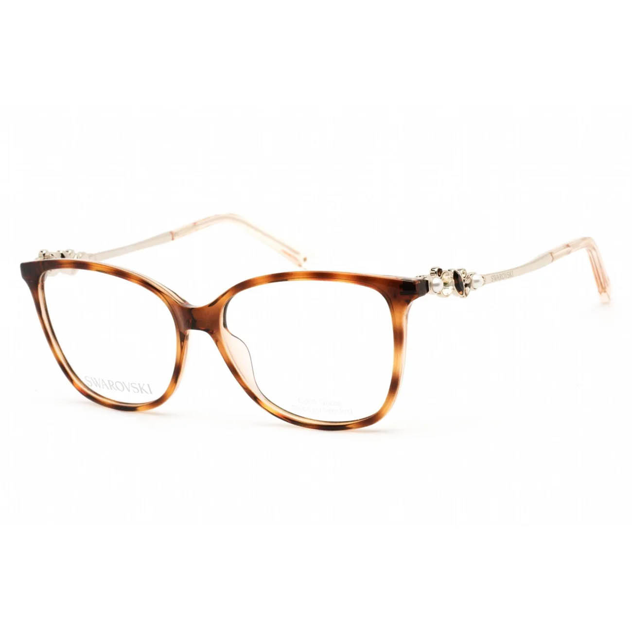 Swarovski Women's Cat-Eye Eyeglasses with a tortoiseshell frame, featuring elegant crystal embellishments on the temples and clear lenses for a sophisticated look.