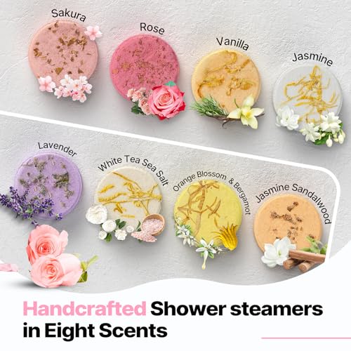 Handcrafted shower steamers in eight scents: Sakura, Rose, Vanilla, Jasmine, Lavender, White Tea Sea Salt, Orange Blossom & Bergamot, Jasmine Sandalwood.