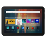 A tablet screen displays apps like Amazon Music, Netflix, Facebook, Kindle, Candy Crush, and Hulu, with recommendations for \“Reacher\“ and a book by Charles Duhigg.