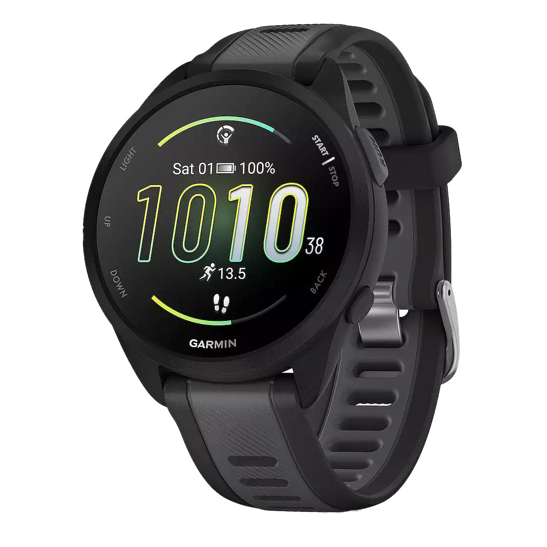 Garmin Forerunner watch, featuring a round digital display with customizable watch face, silicone strap, and side buttons for navigation. It shows time, date, battery level, steps, and a running activity metric.