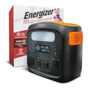 The Energizer Max Portable Power Station features 700W AC output with pure sine wave, dual input DC and USB-C fast recharging, and 100W USB-C power delivery. It includes three AC outlets and an LED display.