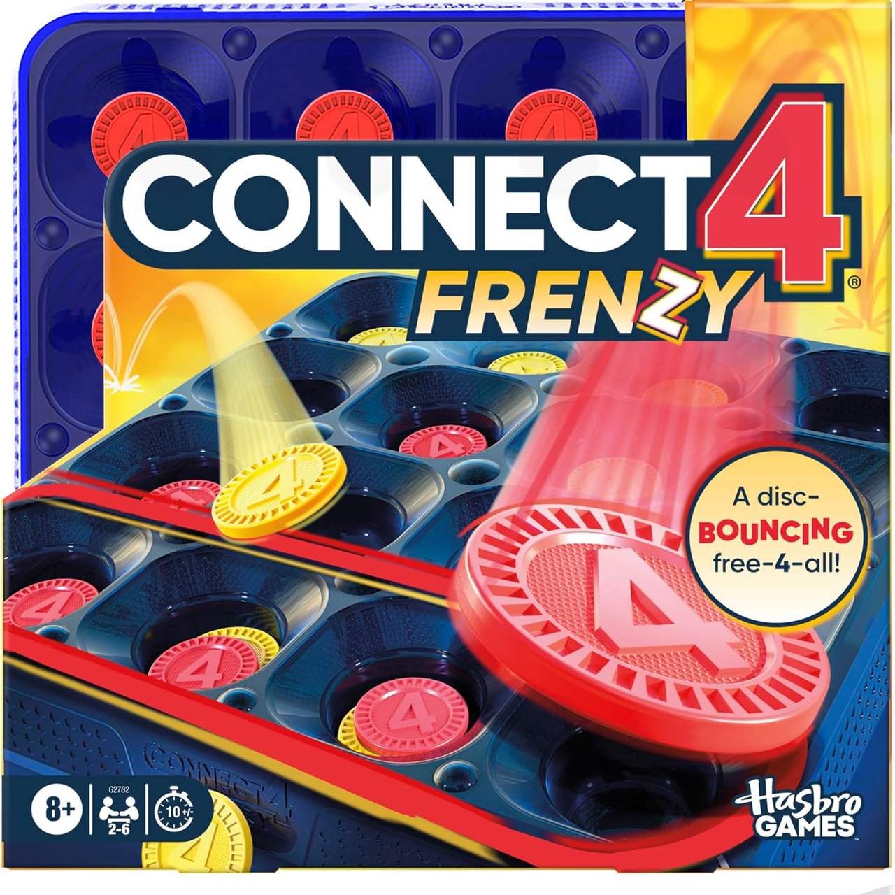 Connect 4 Frenzy by Hasbro Games is a disc-bouncing free-for-all game for 2-6 players, aged 8 and up.