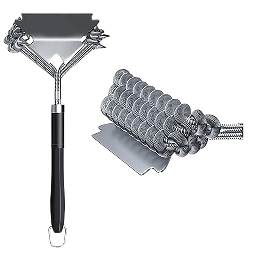 Grill brush and scraper with a triangular head, featuring tightly coiled wire bristles for cleaning, and a sturdy black handle with a hanging hook.