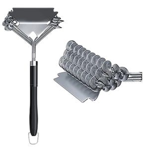 Grill brush and scraper with a triangular head, featuring tightly coiled wire bristles for cleaning, and a sturdy black handle with a hanging hook.