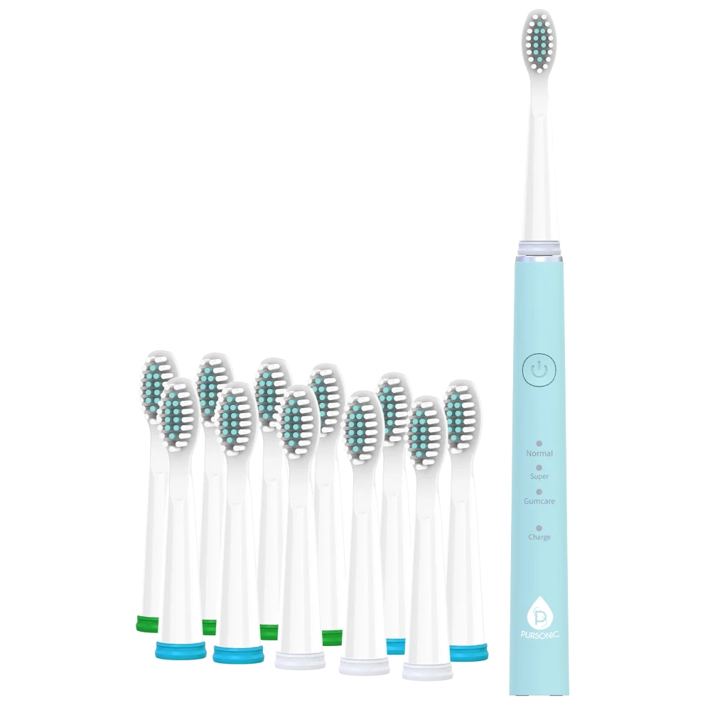 Pursonic USB Toothbrush set includes a light blue electric toothbrush and nine replaceable brush heads. The toothbrush features modes for normal, super, and gum care, with a power button and charging indicator.