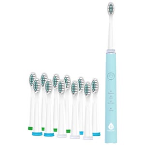 Pursonic USB Toothbrush set includes a light blue electric toothbrush and nine replaceable brush heads. The toothbrush features modes for normal, super, and gum care, with a power button and charging indicator.
