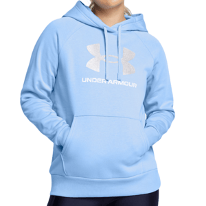 Light blue Under Armour hoodie featuring a large glittery logo and \“UNDER ARMOUR\“ text on the front, with a front pocket and drawstring hood.
