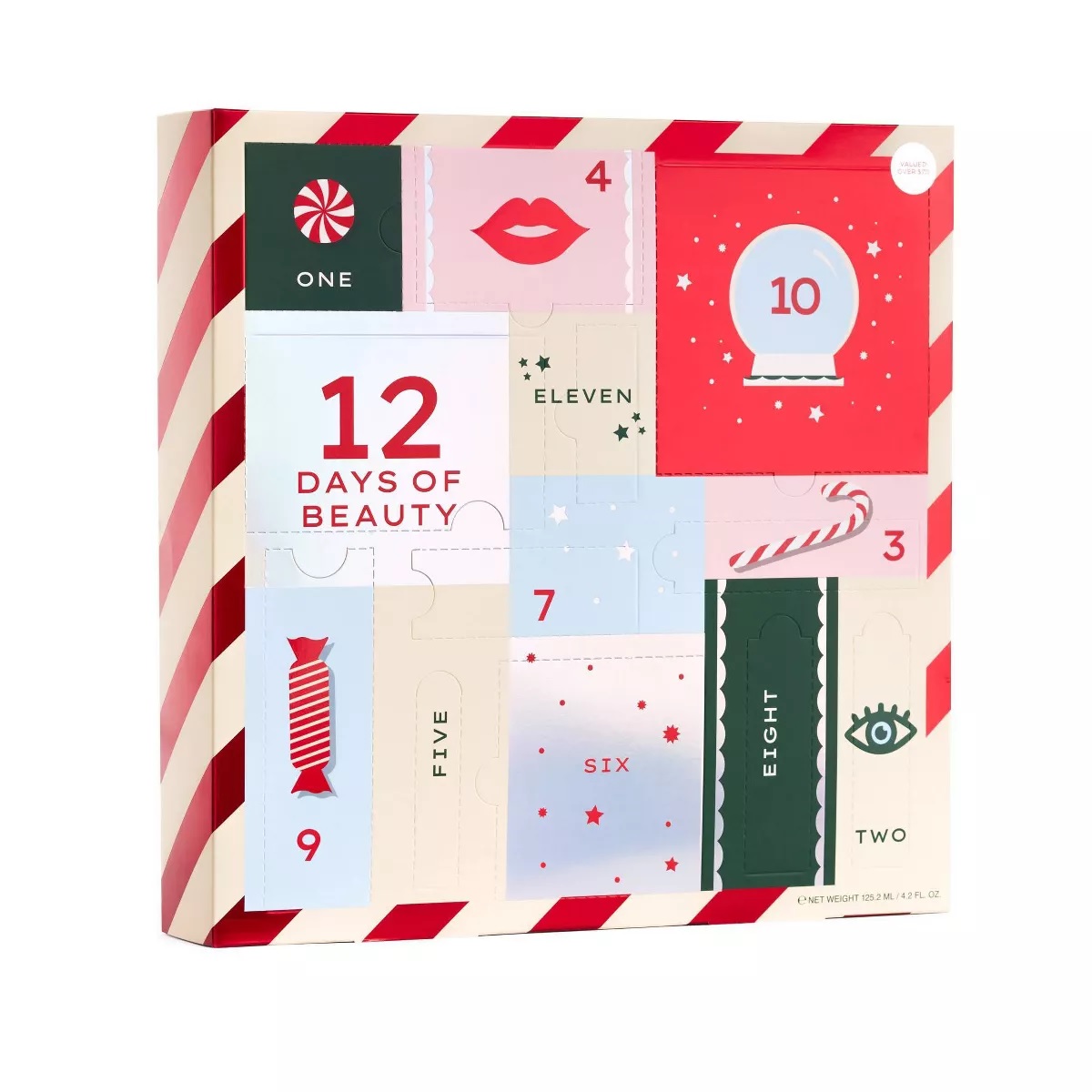 12 Days of Beauty advent calendar with numbered doors featuring festive icons like lips, snow globe, candy, and stars.