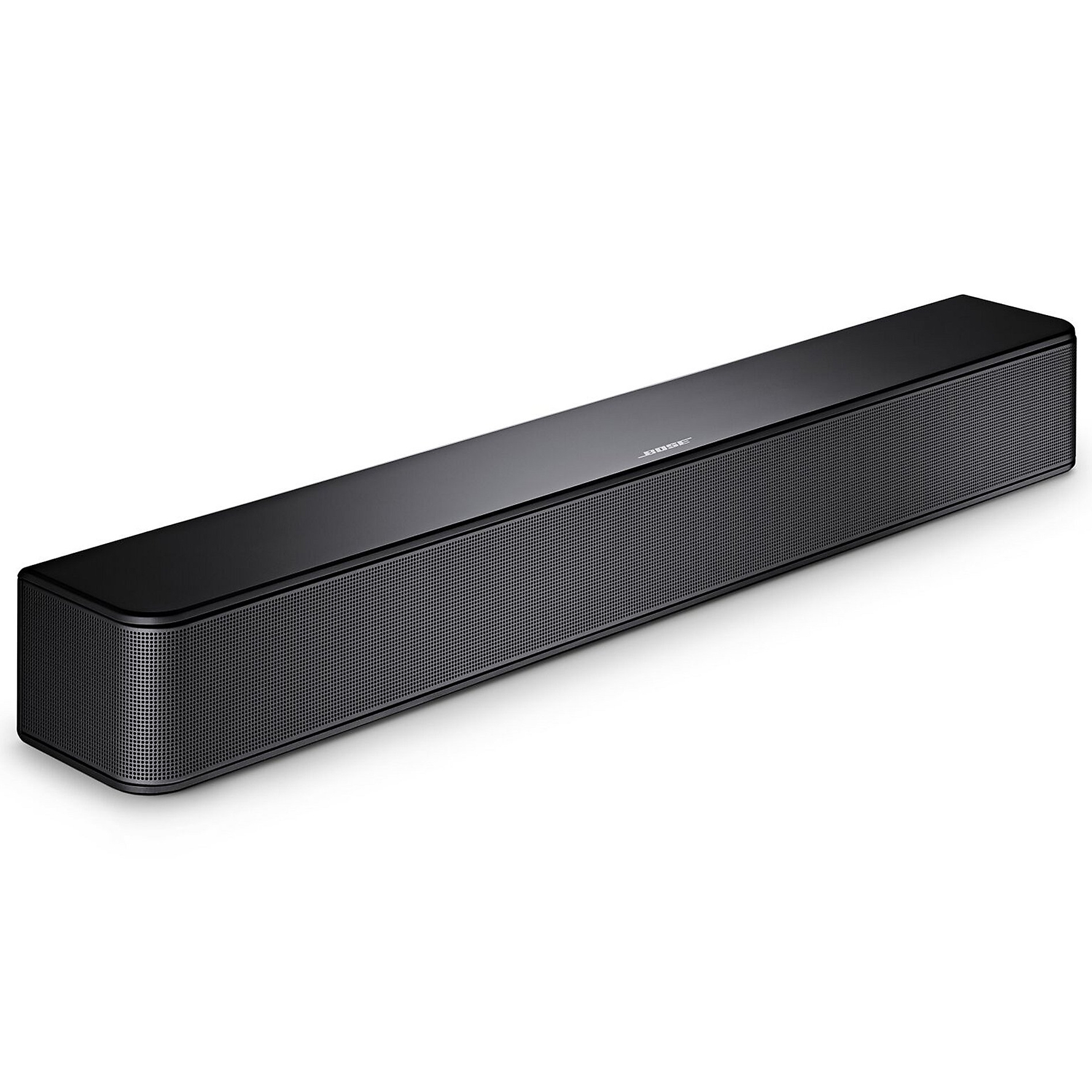 A black Bose soundbar with a sleek, minimalist design featuring a mesh front grill.