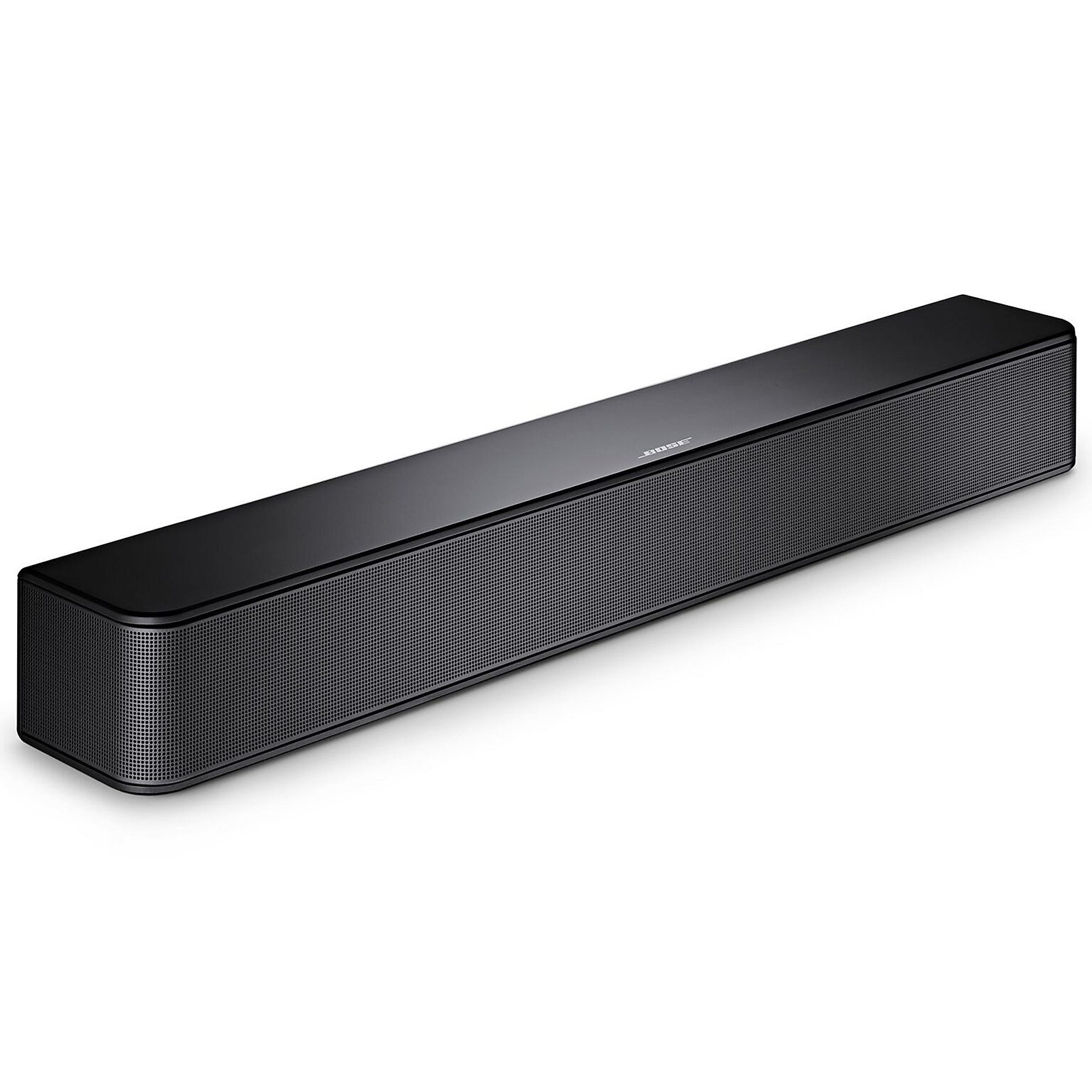 A black Bose soundbar with a sleek, minimalist design featuring a mesh front grill.