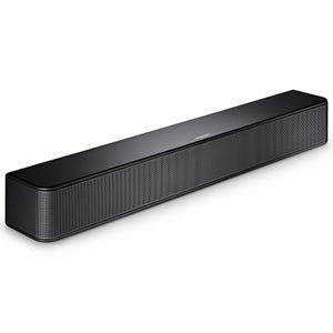 A black Bose soundbar with a sleek, minimalist design featuring a mesh front grill.