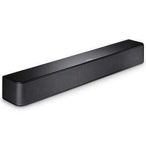 A black Bose soundbar with a sleek, minimalist design featuring a mesh front grill.