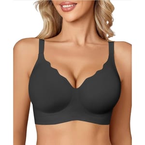 A wireless bra featuring a black, scalloped-edge design with smooth, molded cups and adjustable straps, offering seamless support and a comfortable fit.