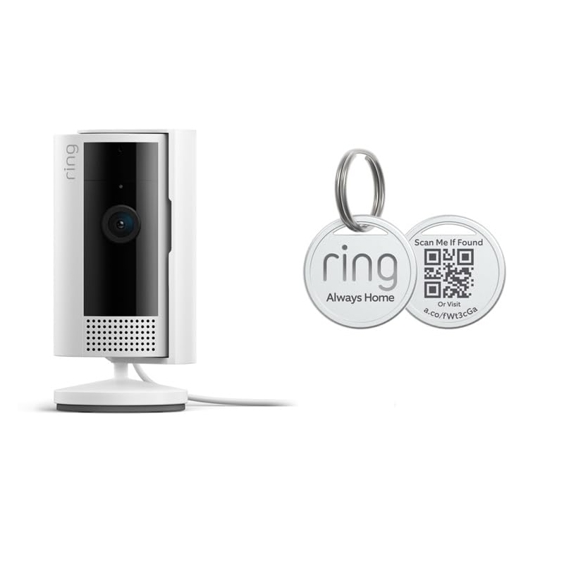 A home security camera and a key finder with QR code.