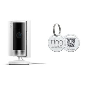 A home security camera and a key finder with QR code.