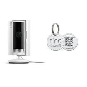A home security camera and a key finder with QR code.