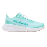 A turquoise athletic sneaker with a white sole, featuring the Columbia logo prominently on the side.