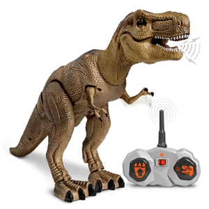 Remote-controlled toy dinosaur, resembling a T. rex, with a handheld controller featuring directional and sound buttons for interactive play.