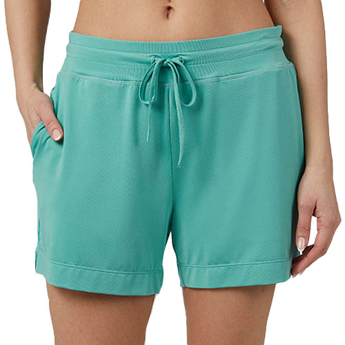 A pair of turquoise drawstring shorts, featuring an elastic waistband and two side pockets, designed for comfort and cooling during sleep.