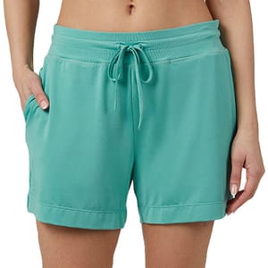 A pair of turquoise drawstring shorts, featuring an elastic waistband and two side pockets, designed for comfort and cooling during sleep.