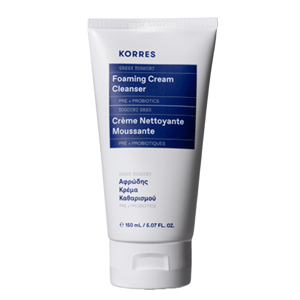 KORRES Greek Yoghurt Foaming Cream Cleanser is a face wash with pre- and probiotics, presented in a 150 mL (5.07 FL. OZ.) tube. It features text in English, Greek, and French, highlighting its ingredients and cleansing properties.