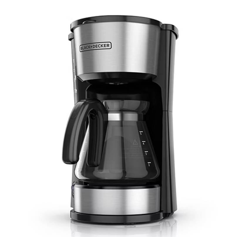 Black & Decker Coffee Maker with a stainless steel exterior and black accents features a glass carafe with measurement markings and a drip system.