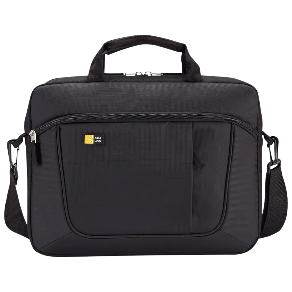 Black Case Logic laptop and tablet bag with two handles and a detachable shoulder strap, featuring a front zippered pocket.