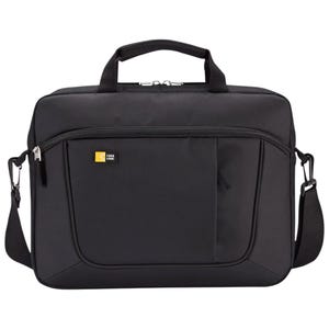 Black Case Logic laptop and tablet bag with two handles and a detachable shoulder strap, featuring a front zippered pocket.