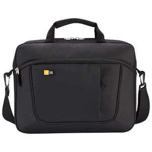 Black Case Logic laptop and tablet bag with two handles and a detachable shoulder strap, featuring a front zippered pocket.
