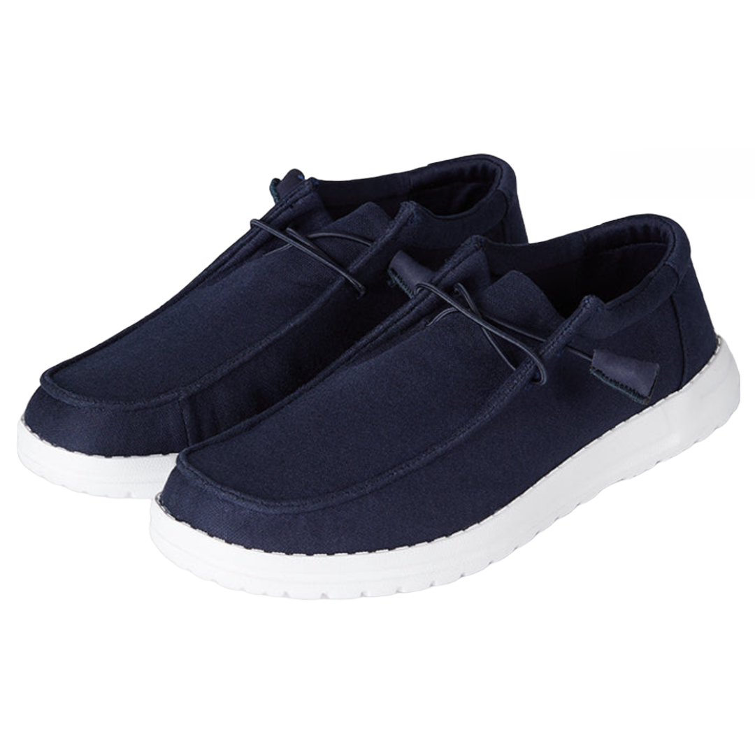 A pair of dark blue moccasin-style casual shoes with white soles and a simple lace design.