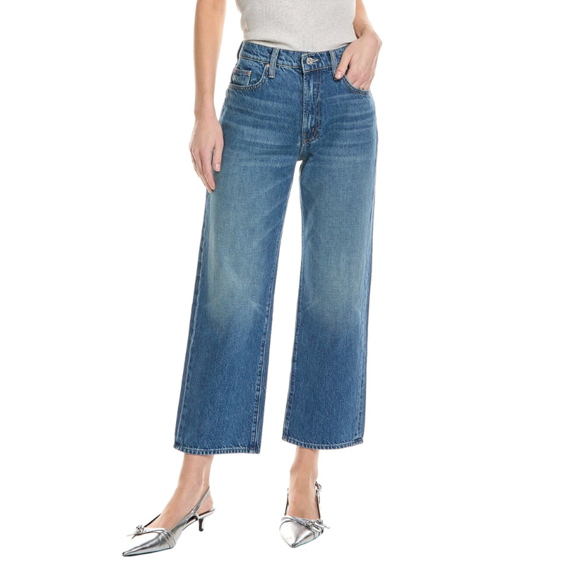 Blue denim high-rise wide-leg jeans, slightly faded, paired with metallic pointed-toe kitten heels.
