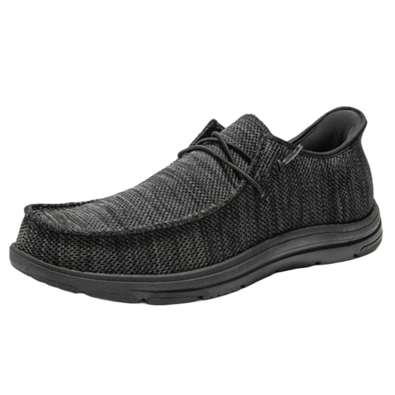 Men's black canvas loafers with a textured fabric upper, rounded toe, low heel, and rubber sole. The design includes matching laces and a casual, slip-on style.
