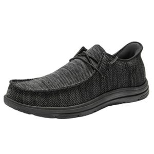 Men's black canvas loafers with a textured fabric upper, rounded toe, low heel, and rubber sole. The design includes matching laces and a casual, slip-on style.