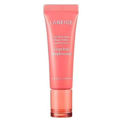LANEIGE Lip Glowy Balm in a pink tube, labeled Grapefruit Pamplemousse, 0.35 oz.
