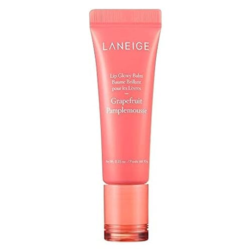 LANEIGE Lip Glowy Balm in a pink tube, labeled Grapefruit Pamplemousse, 0.35 oz.