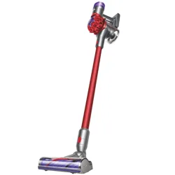 A cordless stick vacuum cleaner with a red shaft, featuring a motorized floor head and a cyclonic suction system.