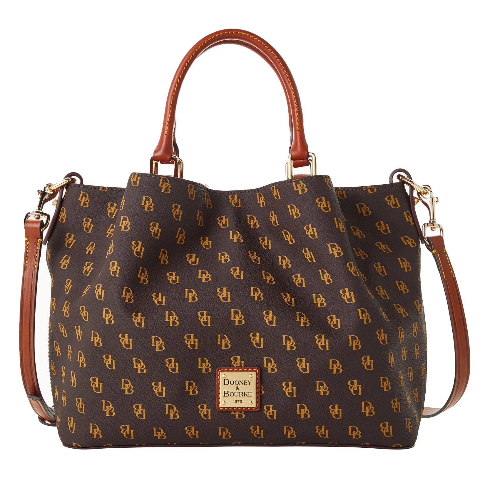 The Dooney & Bourke Gretta Satchel features a brown background with gold \“DB\“ monogram pattern, leather handles, and a detachable strap. It includes a prominent logo plaque on the front and gold-tone hardware.