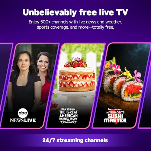 Unbelievably free live TV with 500+ channels, including ABC News Live, The Great American Baking Show, and Morimoto's Sushi Master, offering 24/7 streaming.