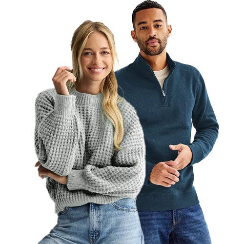 Two individuals are wearing casual sweaters; one is in a chunky gray knit sweater and jeans, while the other is in a dark blue zip-neck sweater and jeans.