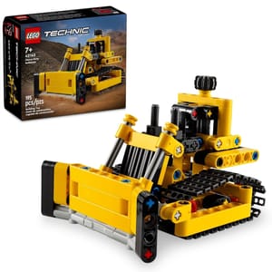This LEGO Technic Heavy-Duty Bulldozer set features a small-scale yellow and black bulldozer with movable blade and ripper, and includes 195 pieces.