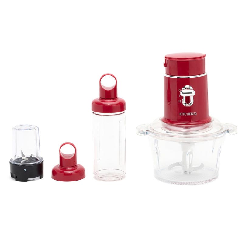 Red and transparent kitchen appliance set includes a blender with attachments: a mixing container, additional lid, and smaller blending cup.